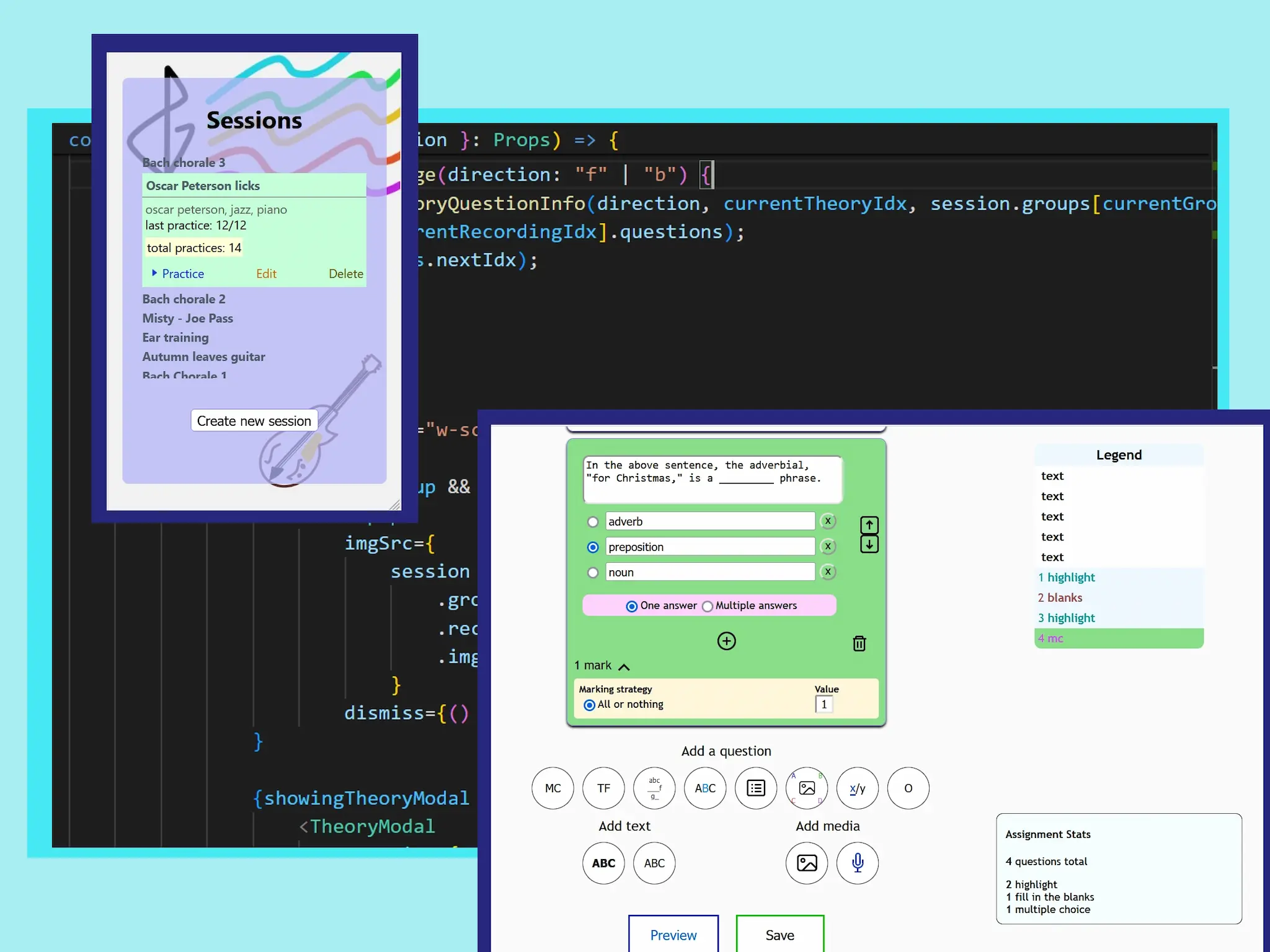 Du code et les interfaces d'une application de pratique musicale et d'une application de création de devoirs que j'ai créées